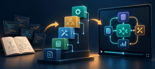 Experiments and notes become structured agent components and a video lesson showing a connected AI system.